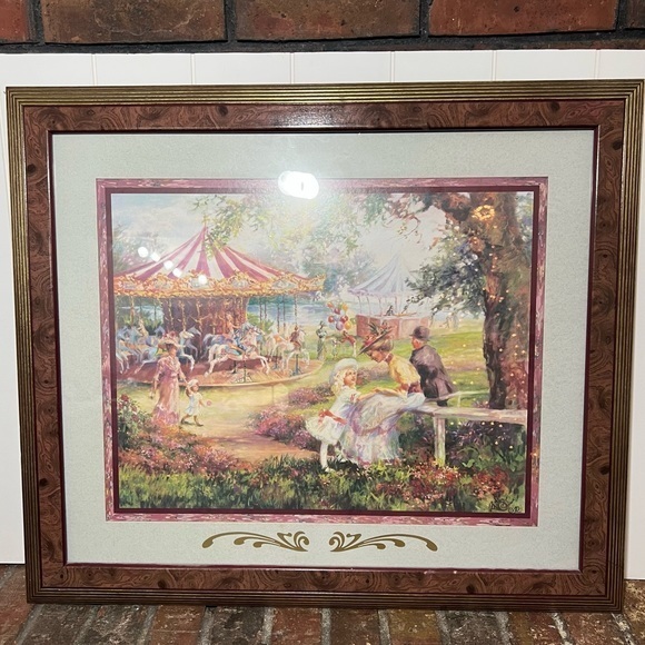 RARE Vintage framed Victorian carousel in the park print - Picture 1 of 15